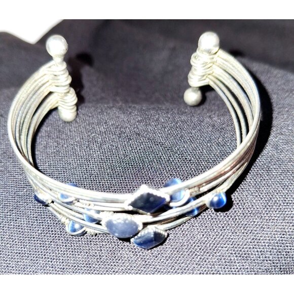 Adjustable Silver Wire Cuff Bracelet With Blue Beads & Square Accents - Picture 2 of 6